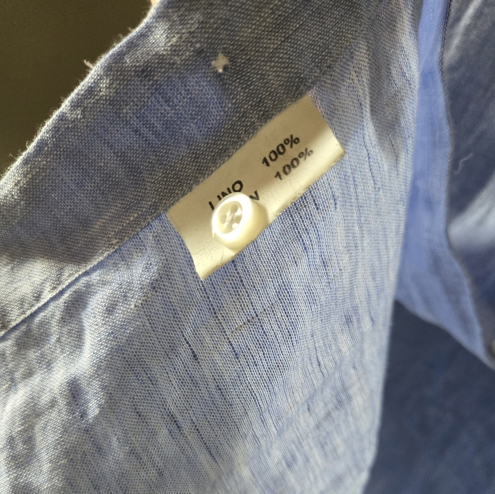 100% Italian Linen Youth Boy L 12 Blue Button Up Dress Shirt Natural Preppy Boat